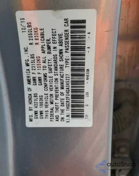 2016 Honda Accord Ex z USA, uszkodzony, nr VIN 1HGCR2F04GA045227
